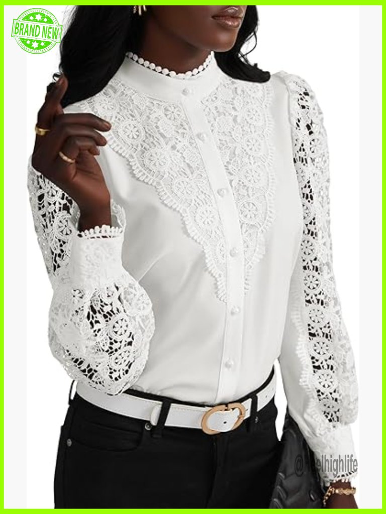 Mock Neck Lace Blouse Long Sleeve Button Down Shirt Women Business Work Top